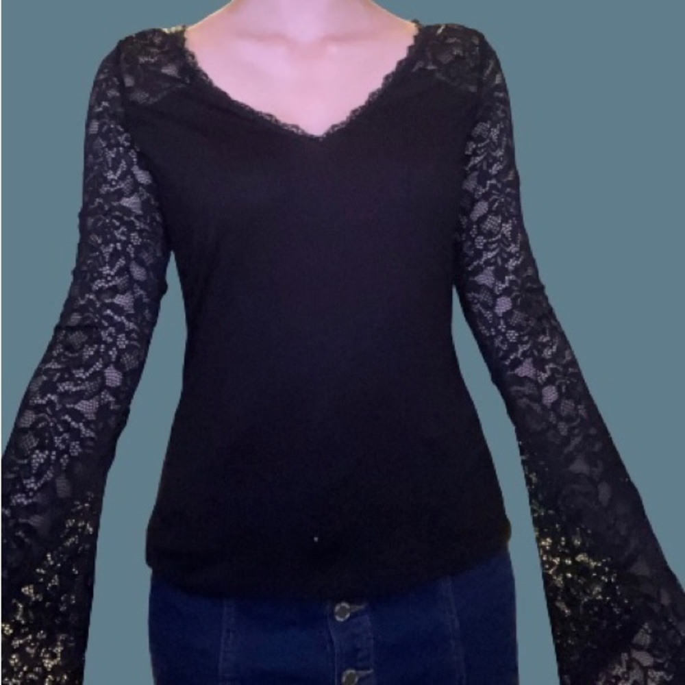 VENUS Black Lace Bell Sleeve Top